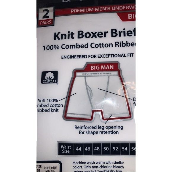 Roundtree & Yorke Men's Cotton Knit Boxer Briefs Size 54 Big Man White 2 Pack - Picture 2 of 6